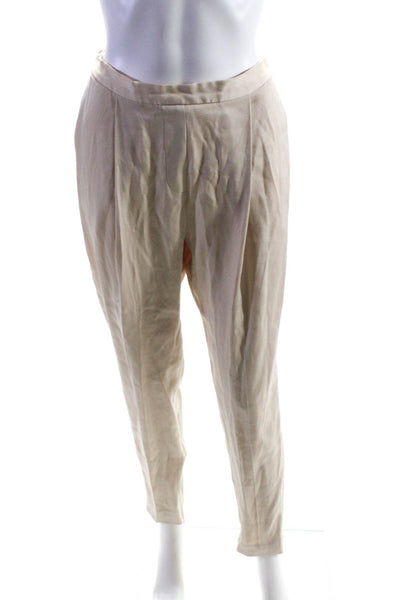 Halston Womens Satin Pleated Front Side Zip Straight Leg Trousers Beige Size 6