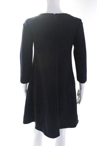 Lisa Perry Womens Back Zip 3/4 Sleeve Knit Shift Dress Navy Blue Wool Size 2