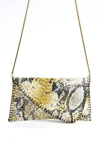Designer Womens Metallic Faux Snakeskin Flat Chain Crossbody Handbag Gold Black