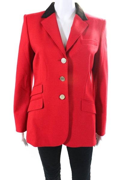 Les Copains Womens Bright Red Wool Three Button Long Sleeve Blazer Size 42