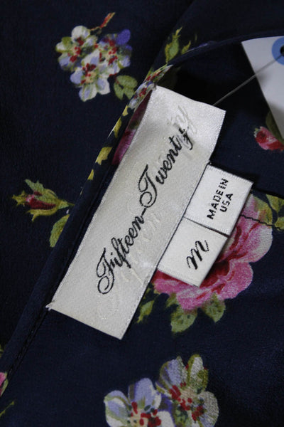 Fifteen Twenty Womens Navy Silk Floral Tie Neck Long Sleeve Blouse Top Size M