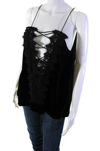 Do + Be Womens Velvet Crochet Lace Up Back Tank Top Black Size Large