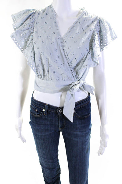 Intermix Womens Eyelet Short Sleeves Wrap Blouse Blue Cotton Size 6