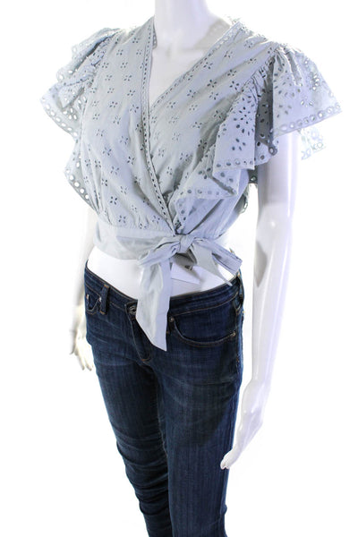 Intermix Womens Eyelet Short Sleeves Wrap Blouse Blue Cotton Size 6