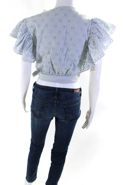 Intermix Womens Eyelet Short Sleeves Wrap Blouse Blue Cotton Size 6