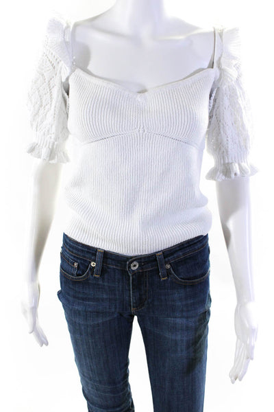 Intermix Womens Knit Short Sleeves V Neck Sweater White Cotton Size Medium