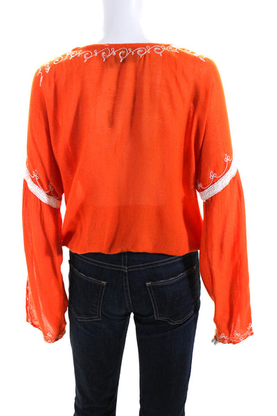 Donale St. Barth-St Tropez Women's Cotton Embroidered V-Neck Top Orange Size S