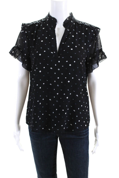 Point Sur Women's Short Sleeve Spotted Print V-Neck Ruffle Blouse Navy Size S