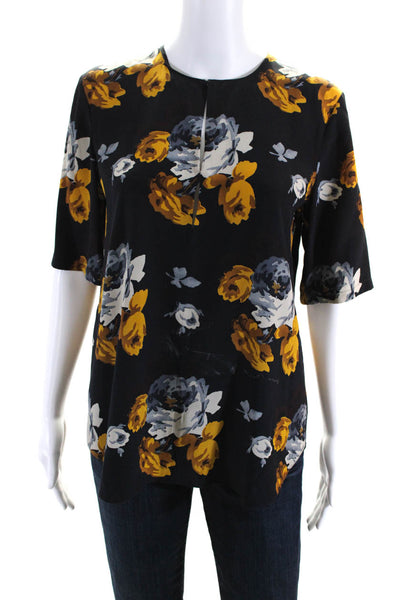Theory Women's Silk Floral Print Short Sleeve V-Neck Blouse Navy Size S