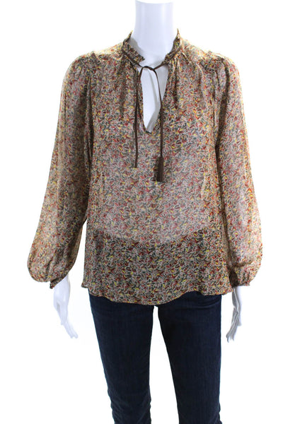 Calypso Saint Barth Womens Silk Abstract Print V-Neck Tassel Blouse Brown Size S