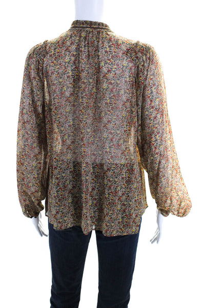 Calypso Saint Barth Womens Silk Abstract Print V-Neck Tassel Blouse Brown Size S