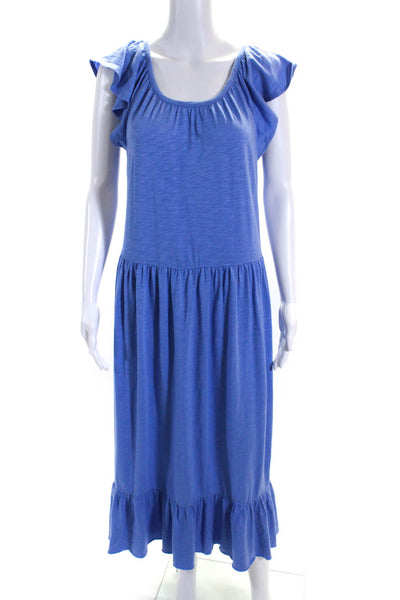 Lilla P Womens Cotton Tiered Round Neck Short Sleeve Maxi Dress Blue Size M