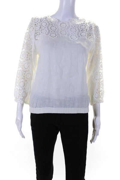 Anne Fontaine Womens 3/4 Sleeve Crew Neck Lace Trim Linen Top White Size FR 40