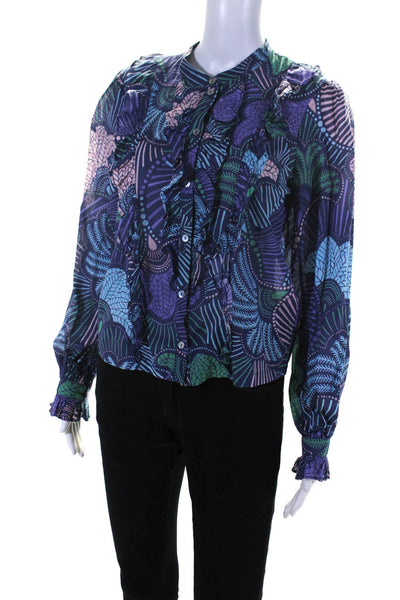 Warm Womens Button Front Long Sleeve Ruffled Abstract Shirt Blue Purple Size 1