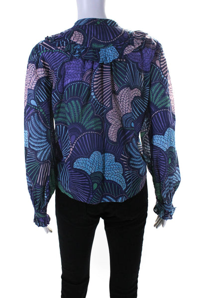 Warm Womens Button Front Long Sleeve Ruffled Abstract Shirt Blue Purple Size 1