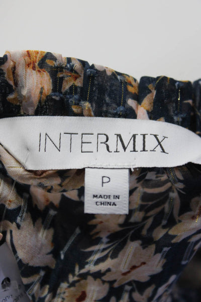 Intermix Womens Long Sleeve V Neck Floral Silk Shirt Navy Brown Size Petite