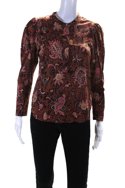 ALC Womens Button Front Long Sleeve Floral Shirt Brown Pink Cotton Size 2