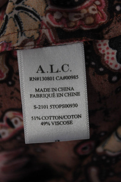 ALC Womens Button Front Long Sleeve Floral Shirt Brown Pink Cotton Size 2