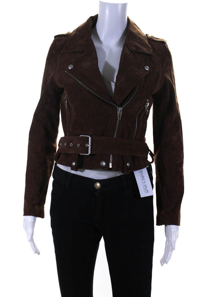 BLANKNYC Womens Front Zip Belted Suede Motorcycle Jacket Brown Size Extra Small