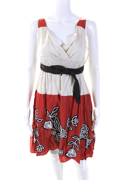 Lithe Anthropologie Womens Embroidered Floral A Line Dress Ivory Red Size 6