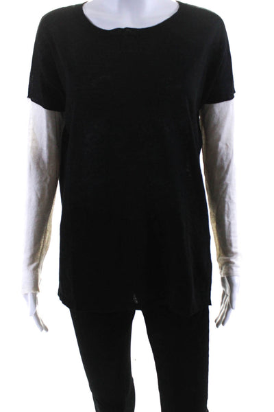 Vince Womens Linen Jersey Knit Two Tone Long Sleeve Tee T-Shirt Black Size S