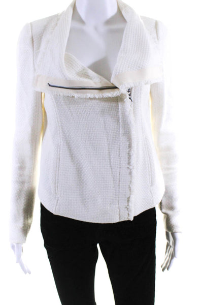 Vince Womens Cotton Woven Fringe Edge Asymmetrical Zip Up Jacket White Size S