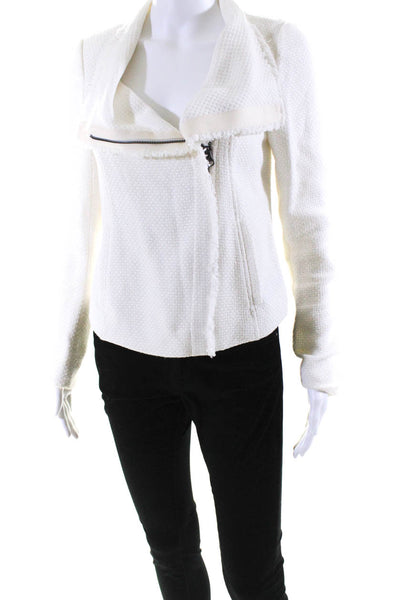 Vince Womens Cotton Woven Fringe Edge Asymmetrical Zip Up Jacket White Size S