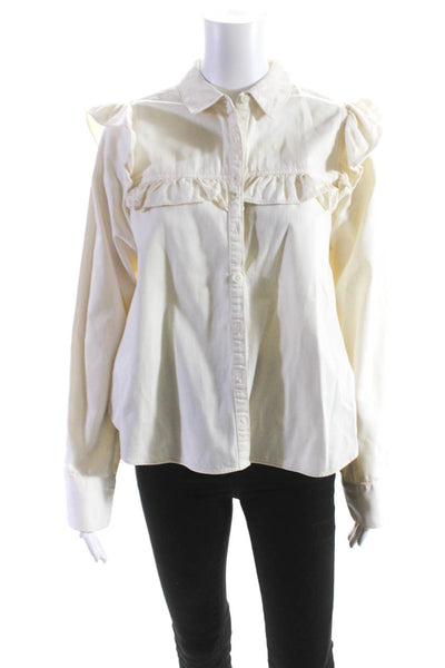 Free People Womens Ivory Cotton Ruffle Collar Long Sleeve Denim Jacket Size XS