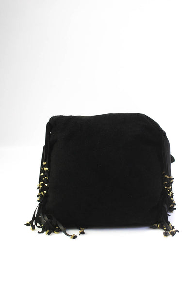 Designer Womens Beaded Fringe Suede Hobo Shoulder Bag Handbag Black