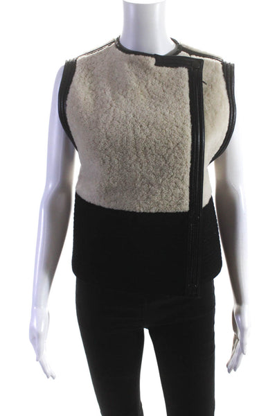 Chloe Womens Front Zip Leather Trim Shearling Vest Jacket White Black Size FR 34