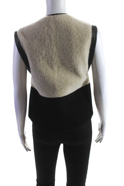 Chloe Womens Front Zip Leather Trim Shearling Vest Jacket White Black Size FR 34