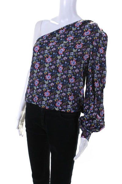 Frame Womens One Shoulder Long Sleeve Floral Blouse Top Black Multi Size Small