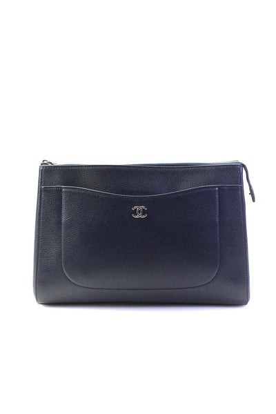 Chanel Womens Medium Grained Calfskin Neo Executive Clutch Handbag Navy Blue
