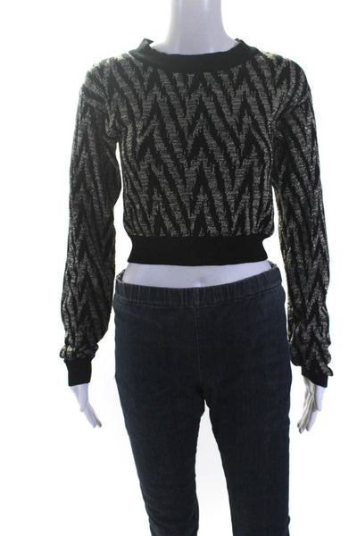 Callahan Womens Metallic Herringbone Intarsia Crop Sweater Black Gold Medium