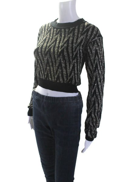 Callahan Womens Metallic Herringbone Intarsia Crop Sweater Black Gold Medium