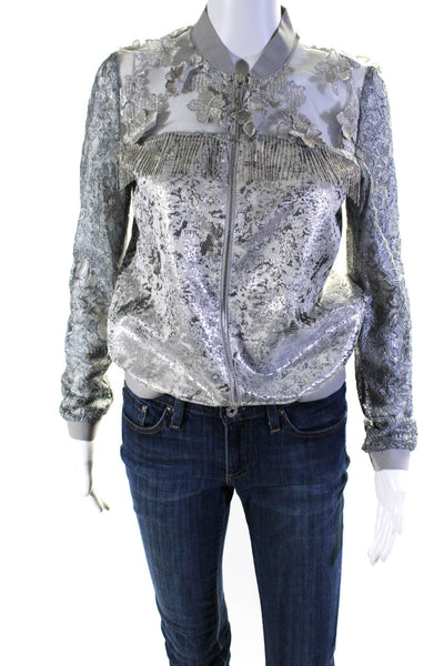 T Tahari Womens Metallic Full Zip Beaded Trim Long Sleeve Jacket Silver Size XS