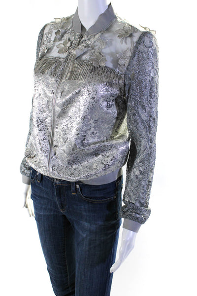 T Tahari Womens Metallic Full Zip Beaded Trim Long Sleeve Jacket Silver Size XS