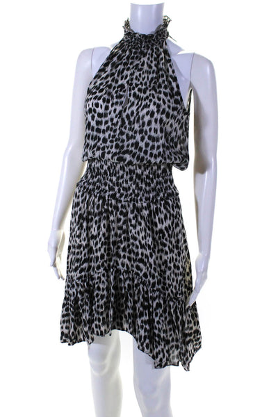 ALC Womens Sleeveless V Neck Smocked Leopard Silk Dress White Black Size 0