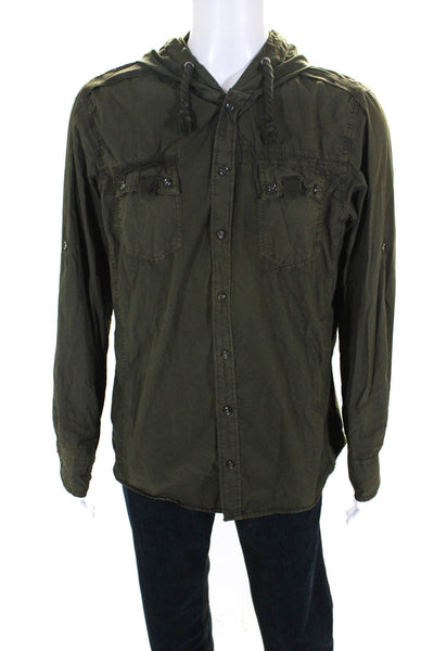 Log Men's Long Sleeve Hooded Button Down Overshirt Green Size XL
