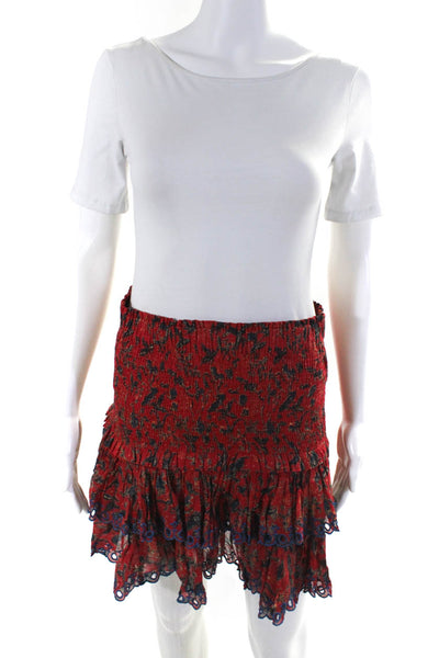 Etoile Isabel Marant Womens Elastic Shirred Tiered Short Skirt Red Blue Size 42