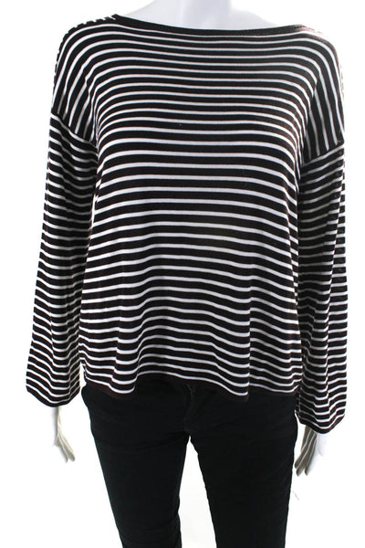 Eileen Fisher Womens Striped Long Sleeve Knit Tee Shirt Sweater Brown White XS