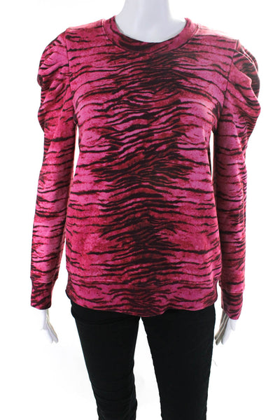 Pam & Gela Womens Crew Neck Tiger Stripe Puff Sleeve Sweatshirt Hot Pink Small