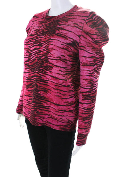 Pam & Gela Womens Crew Neck Tiger Stripe Puff Sleeve Sweatshirt Hot Pink Small