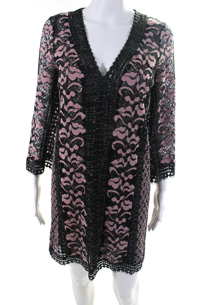 BCBG Max Azria Womens 3/4 Sleeve Lace V Neck Shift Dress Black Pink Size XS