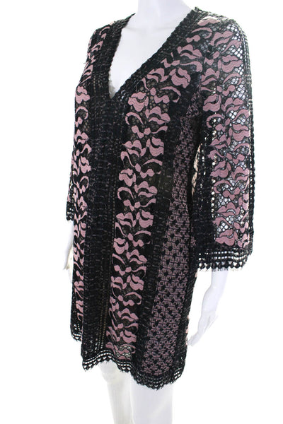 BCBG Max Azria Womens 3/4 Sleeve Lace V Neck Shift Dress Black Pink Size XS