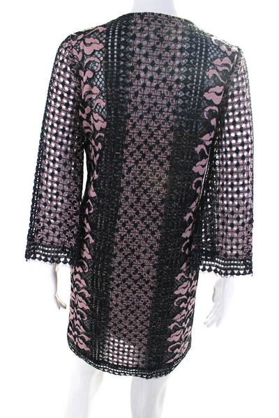 BCBG Max Azria Womens 3/4 Sleeve Lace V Neck Shift Dress Black Pink Size XS