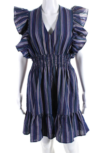 Pinch Womens Striped V Neck Ruffled Short Sleeved Dress Blue Purple Gray Size L