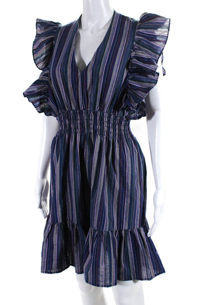 Pinch Womens Striped V Neck Ruffled Short Sleeved Dress Blue Purple Gray Size L