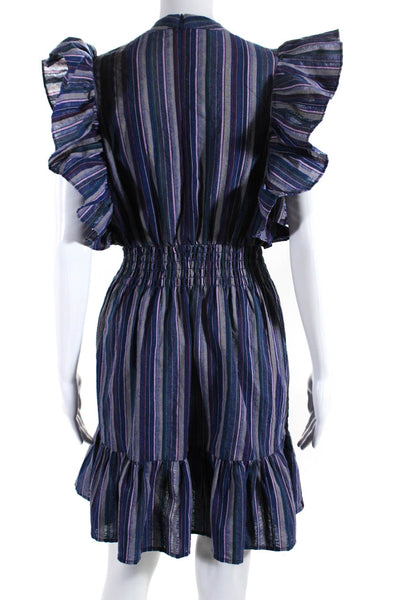 Pinch Womens Striped V Neck Ruffled Short Sleeved Dress Blue Purple Gray Size L