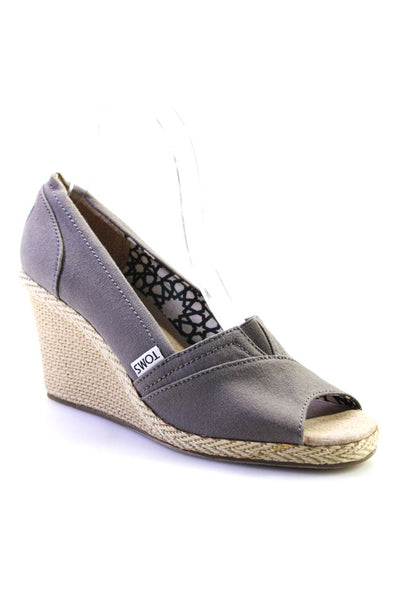 TOMS Womens Canvas Peep Toe Espadrille High Heeled Wedges Gray Tan Size 7.5